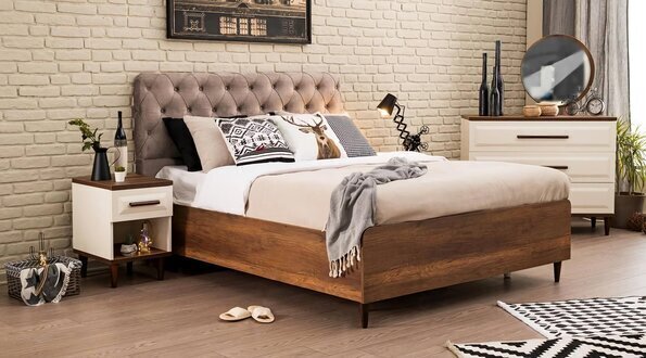 Design Holzmöbel Schlafzimmer Set 5tlg Bett 2x Nachttische Kommode mit Spiegel