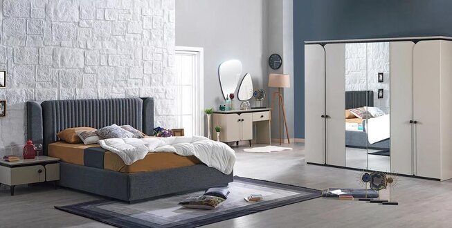 Designer Set Bett mit 2x Nachttische Holzmöbel Schlafzimmer Komplett