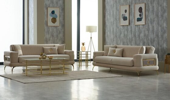 Luxus Sofagarnitur Dreisitzer Sofa Stoffsofa Polstersofa Beige 2tlg