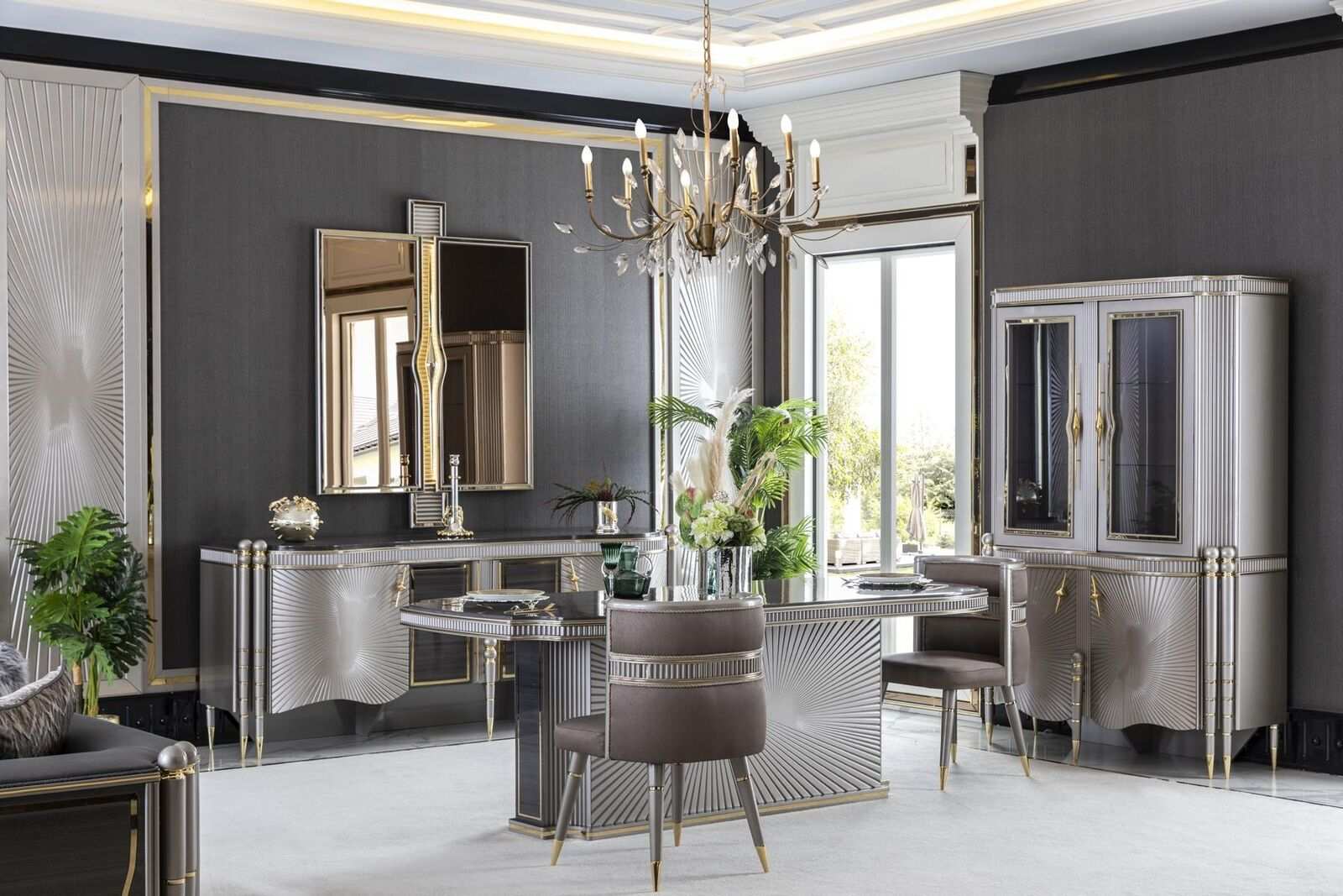 Esszimmer Set Grau Esstisch Luxus 4x Stühle Anrichte Spiegel Vitrine Luxus 8tlg.