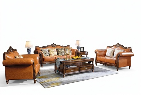 Amerikanische Sofagarnitur Ledersofa Couch Polster 321 Holz Sitzer