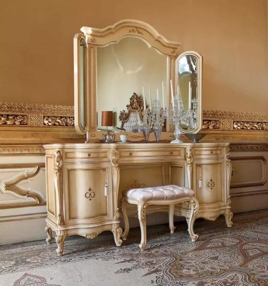 Luxus Schminktisch Spiegel Frisiertisch Beige Schlafzimmer Set