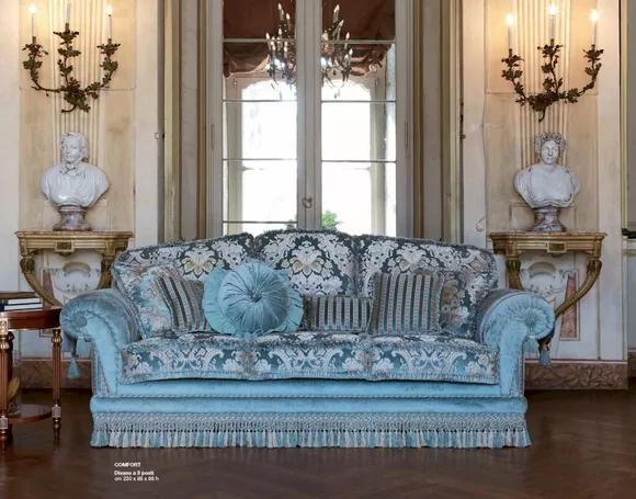 Dreisitzer Sofa 3 Sitzer Sofas Stoff Luxus Holz Wohnzimmer Möbel Blau