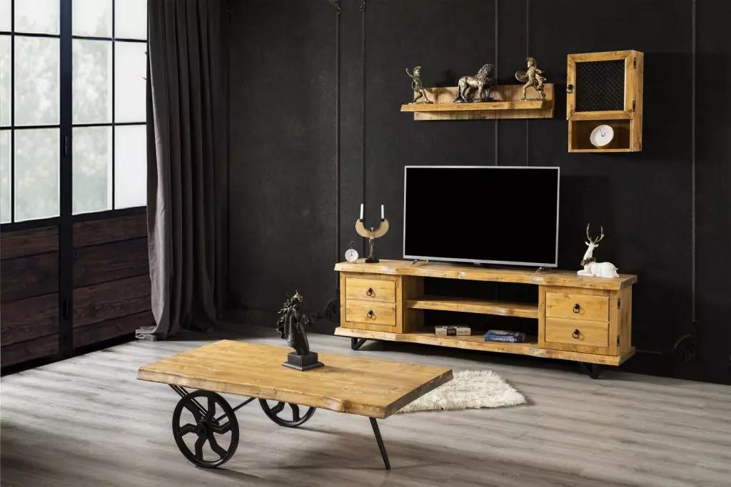 Echt Holz Wohnwand Luxus in Braun mit Couchtisch auf Rädern Schrank