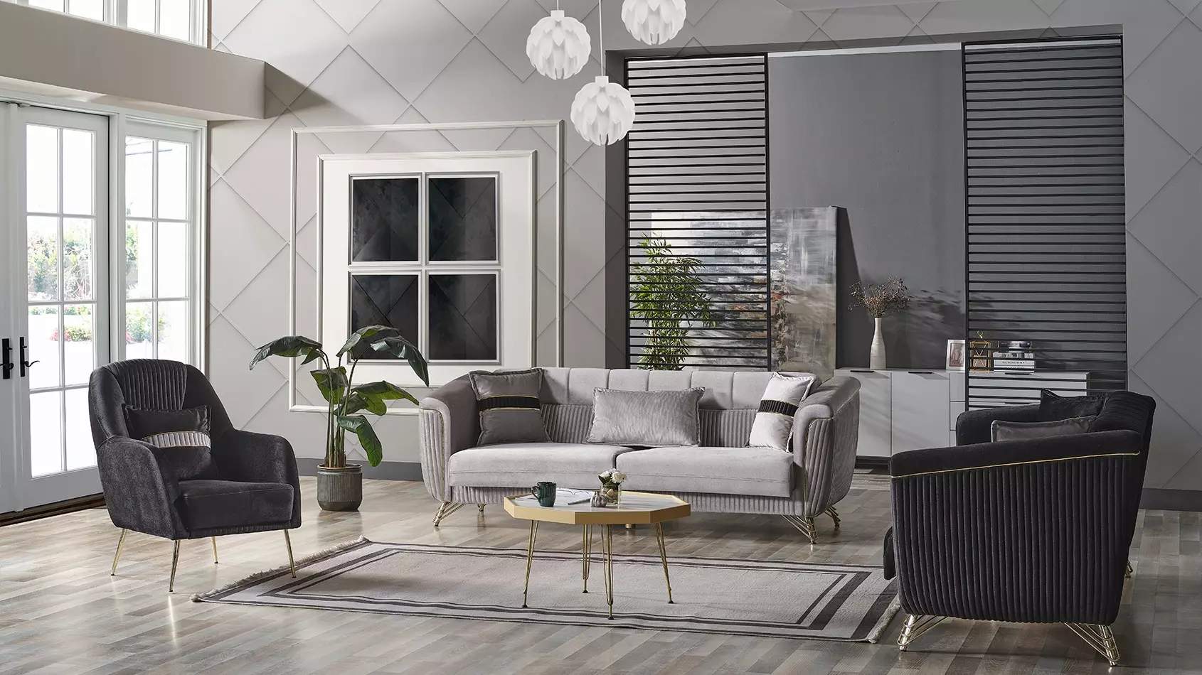 Sofagarnitur 3+3+1 Sitzer Textil Holz Sofa 3 Sitzer Sessel Komplett Set