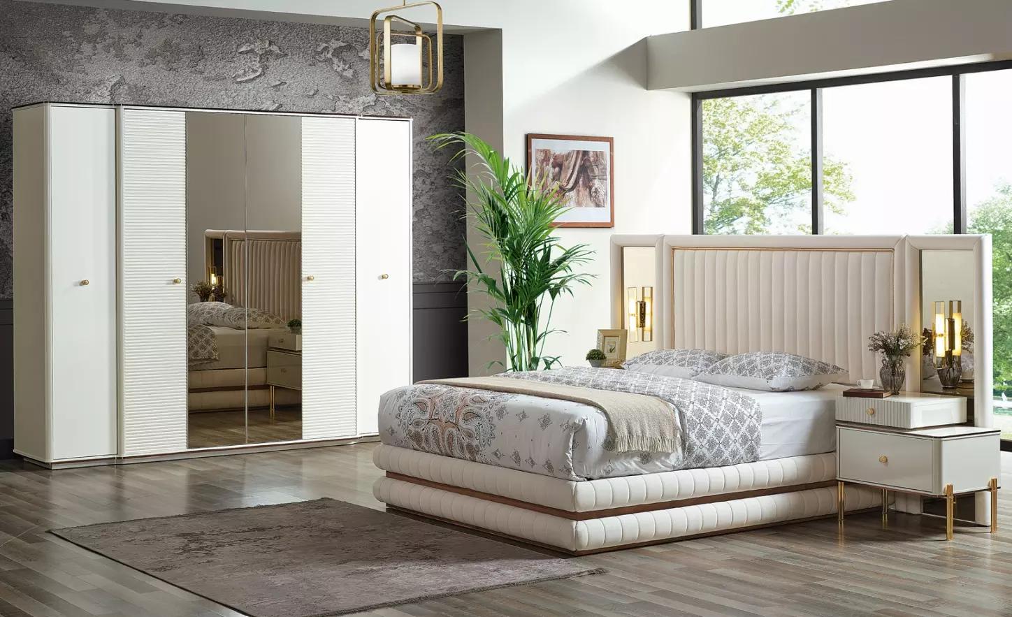Schlafzimmer Set Bett 2x Nachttische Kleiderschrank Möbel 4 tlg. Beige