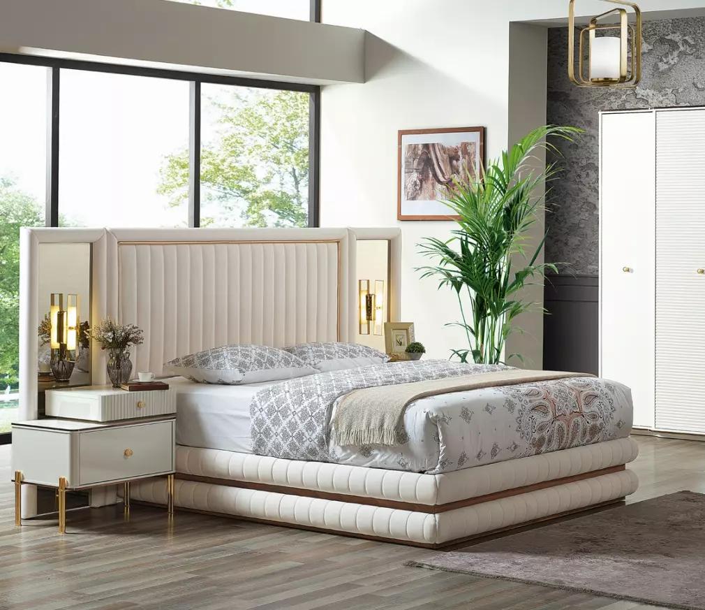 Modern Schlafzimmer Set Bett + 2x Nachttische Design 3 tlg. Beige