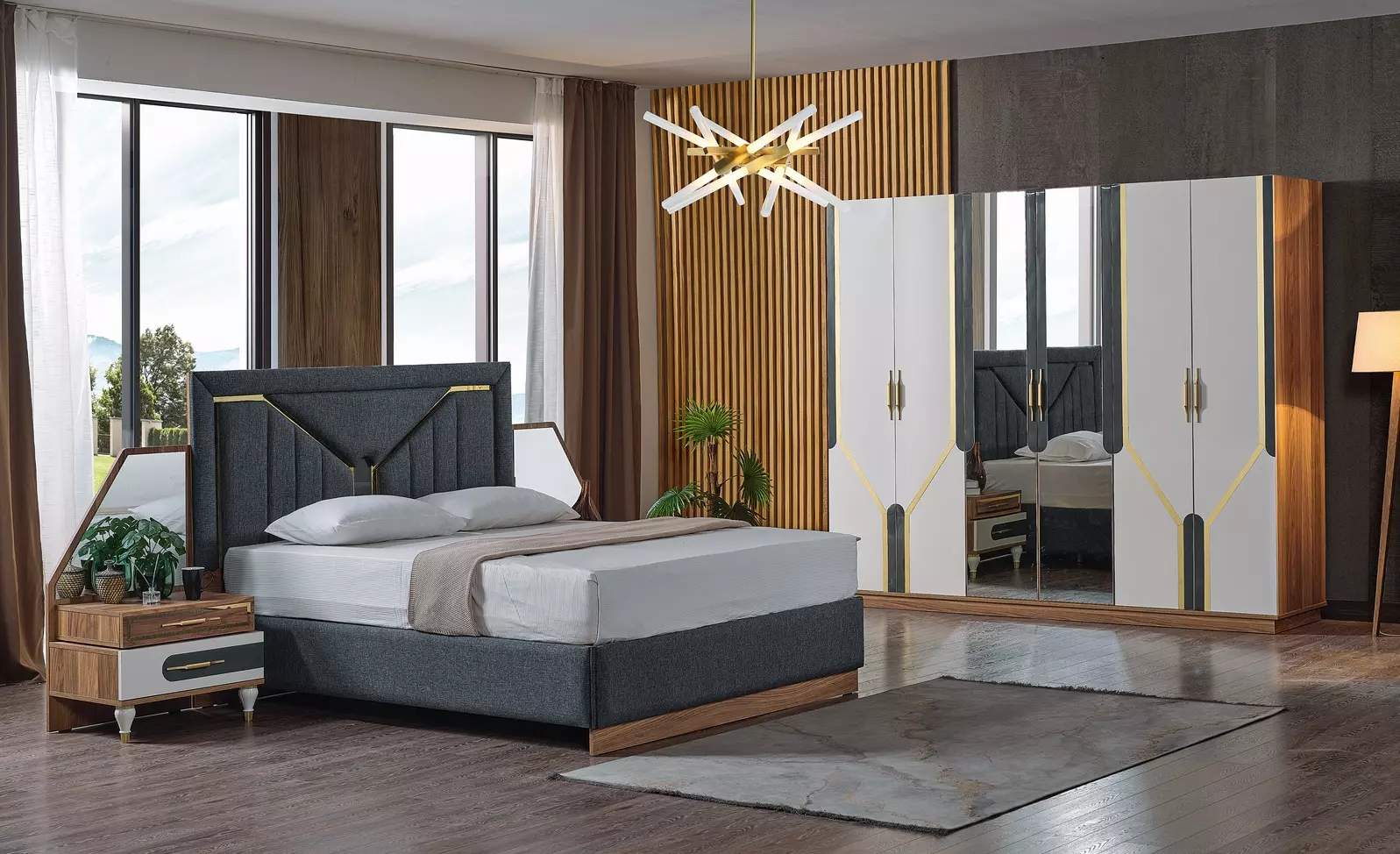 Schlafzimmer Set Bett + 2x Nachttische + Kleiderschrank Design 4 tlg.