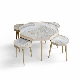 Beistelltisch Set 5 Teile in Marmor-Optik mit Holzbeinen