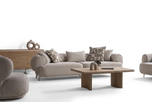 Beige Wohnzimmer Set aus Holz mit Sofa und Couchtisch modern