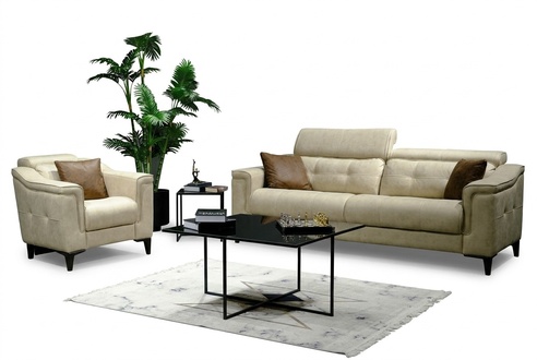Beiger Wohnzimmer Dreisitzer Leder 3-Sitzer Polster Couch Holzgestell