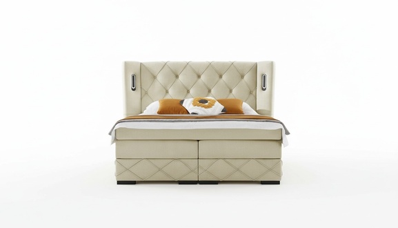 Beiges Chesterfield Polsterbett Schlafzimmer Nachttische Luxus Möbel
