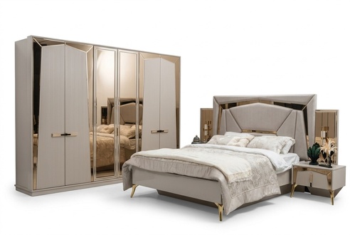 Bett Nachttische Kleiderschrank Spiegeltür Beige Gold Schlafzimmer Set 4tlg.
