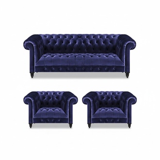 Blau Set 3tlg Chesterfield Komplett Sofa Dreisitze 2x Sessel Wohnzimmer Neu