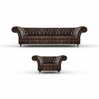Braune Chesterfield Kunstleder Garnitur Wohnzimmer Dreisitzer 2-Sitzer