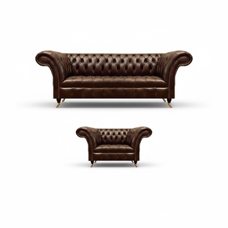 Braune Chesterfield Kunstleder Garnitur Leder Dreisitzer Designer Sessel
