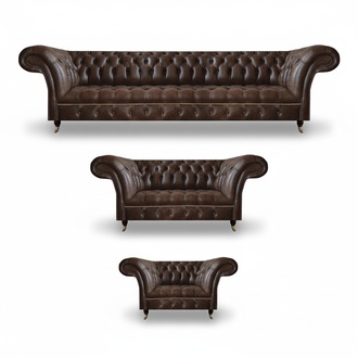 Braune Chesterfield Ledergarnitur Wohnzimmer 4-Sitzer Zweisitzer Sessel
