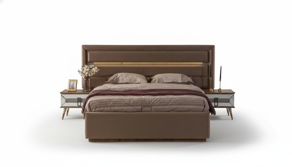 Braune Schlafgarnitur Exklusives Doppelbett 2x Holz Nachtkonsolen 3tlg