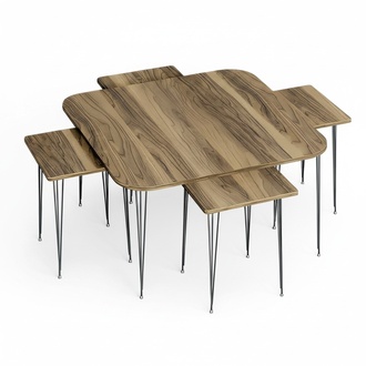 Design Satztisch Set 5-teilig – Quadratisch Holz-Optik mit Hairpin-Legs