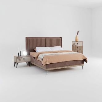 Braunes Schlafzimmer Set Polster Doppelbett 2x Nachttische Holz Kommode