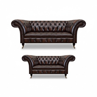 Chesterfield Braun Sofa Set Dreisitzer Sofa Couch Zweisitzer Wohnzimmer Neu