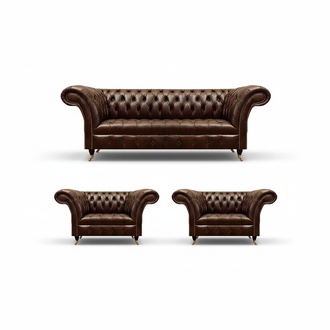 Chesterfield Braune Ledergarnitur Wohnzimmer 2x Sessel Edler 3-Sitzer