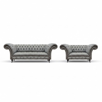 Chesterfield Grau Komplett Wohnzimmer Dreisitzer Sofa Luxus Sessel Neu