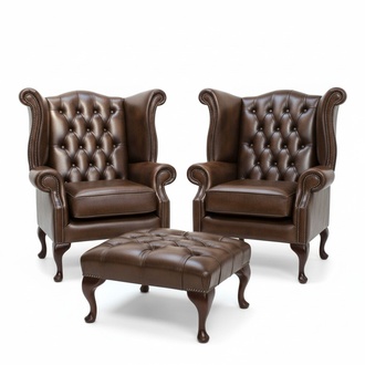 Chesterfield Leder Sessel Set Garnitur Ohrensessel x 2 + Hocker Garnitur Leder