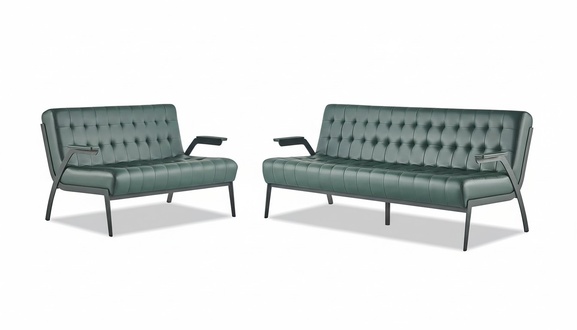 Chesterfield Leder Set 3-Sitzer 2-Sitzer Grün Ledersofas Modern Holz