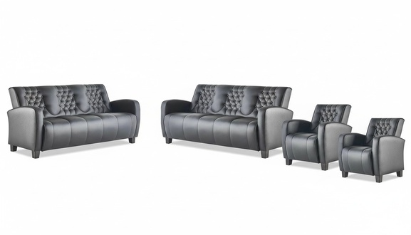 Chesterfield Sofa-Set 3-Sitzer Sessel Schwarz Lehnsessel Couch Leder Holz