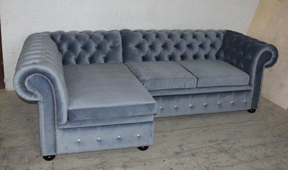 Design Chesterfield Ecksofa Eckcouch Loungesofa Couch Blau Textil