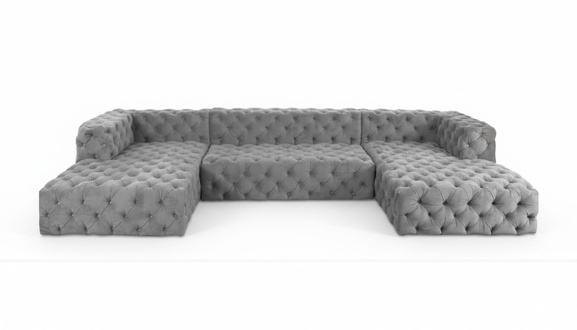 Chesterfield U Form Sofa Grau XXL Big Textil Stoff Couchen Luxus Möbel