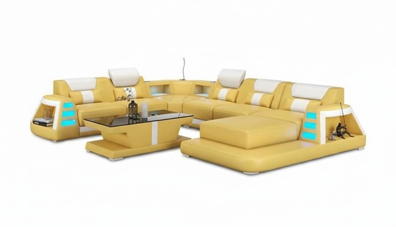 Couch Zeitgenössisch Ecksofa U Form Gelb Wohnlandschaft Ledersofa Sofa