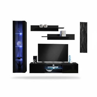 Schwarz Wohnwand Luxus Set 4tlg. Wohnzimmer rtv Hänge Vitrine Moderne Wandregale