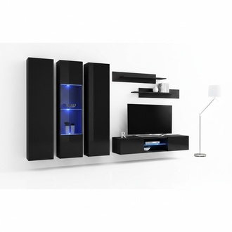 Schwarz Wohnwand Wohnzimmer Luxus Set Hänge Vitrine TV Ständer Wandregal Möbel