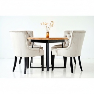 Design Esszimmer Tisch + 6 Chesterfield Lehnstühle Sitz Gruppe Stühle Holz