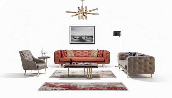 Chesterfield Bunte Couch Sofagarnitur Möbel Set 3+3+1 Gruppe Textil