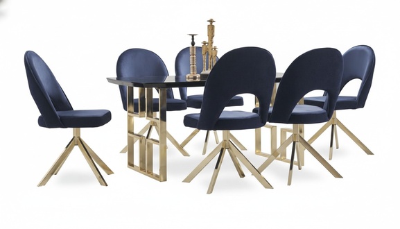 Designer Esszimmer Set Holztischplatte Edelstahlfüße Tisch Stühle 7tlg