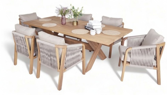 Designer Outdoor Garnitur Esstisch 6x Stühle Luxuriöse Gartenmöbel Holz