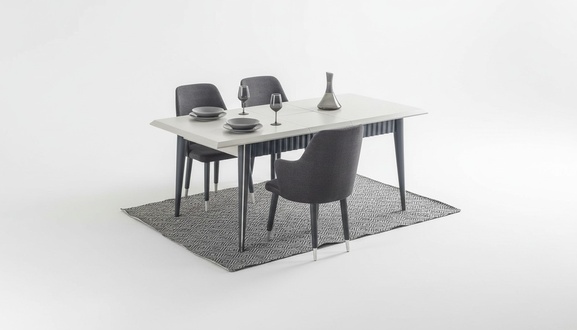 Designer Rechteckiger Weißer Esstisch 6x Graue Polster Stühle 7tlg. Set
