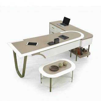 Designer Schreibtisch L-form mit Couchtisch Oval Schubladen Arbeitszimmer