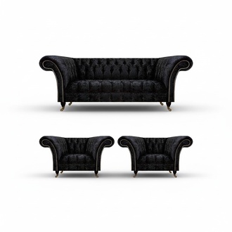 Designer Schwarze Chesterfield Garnitur Edle Lehnsessel Polster 3-Sitzer