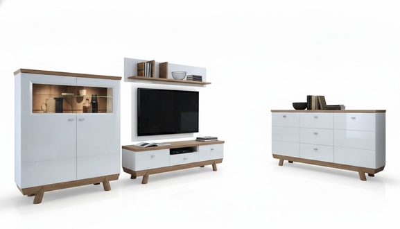 Designer Wohnwand Modern TV-Lowboard Wandregal Wohnzimmer Set 4tlg