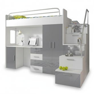 Doppelstockbett Grau Tisch Schrank Multifunktion Etagen Hochbett Kinderzimmer