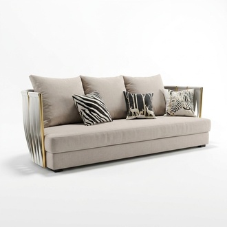 Dreisitzer Couch Polster Design Sofa 3er Sitz Sofas Zimmer Metall Beige Luxus