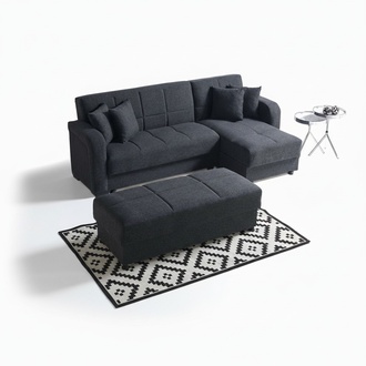 Ecksofa L-Form Hocker Schwarz Komplett Wohnzimmer Set 2tlg. Luxus Möbel