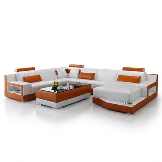 Ecksofa Sofa Wohnlandschaft U Form Polster Couch Ledersofa Weiß Orange