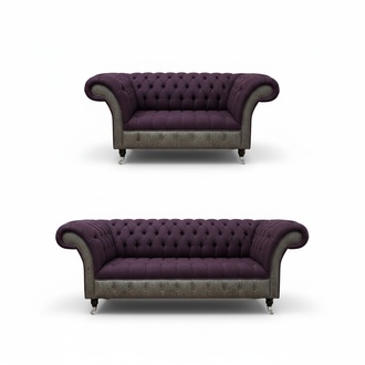 Edle Designer Chesterfield Knopf Garnitur Textil Polster Sitz Leder 3+1