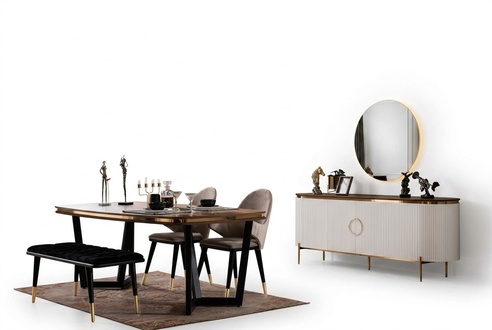 Elegant Essgruppe Braun Esstisch mit 2x Stühle Kommode mit Spiegel Hocker