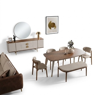 Elegant Esszimmer Set Modern Beige Esstisch 4x Stühle Hocker Kommode mit Spiegel